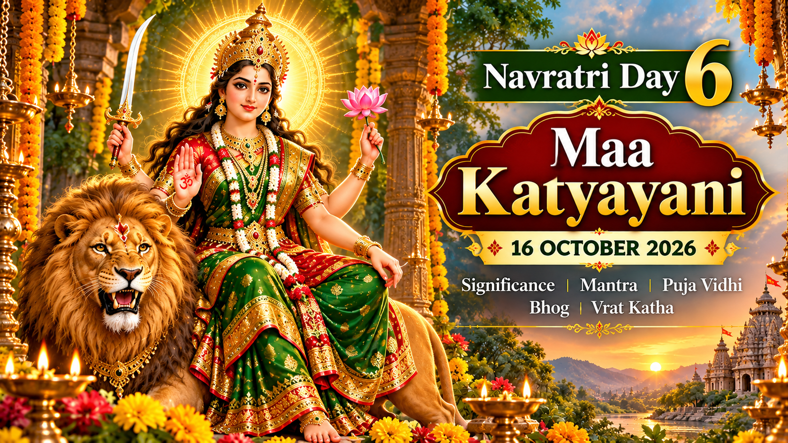 Maa Katyayani Navratri Day 6 thumbnail featuring puja vidhi, mantra and bhog.