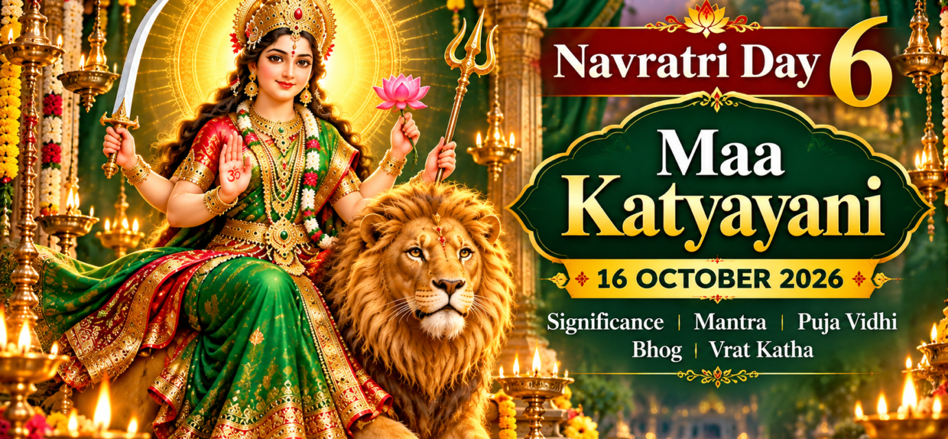 Maa Katyayani riding a lion with divine weapons for Navratri Day 6, 16 October 2026