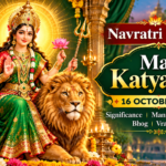 Maa Katyayani riding a lion with divine weapons for Navratri Day 6, 16 October 2026