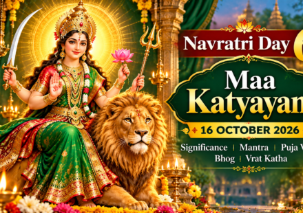 Maa Katyayani riding a lion with divine weapons for Navratri Day 6, 16 October 2026