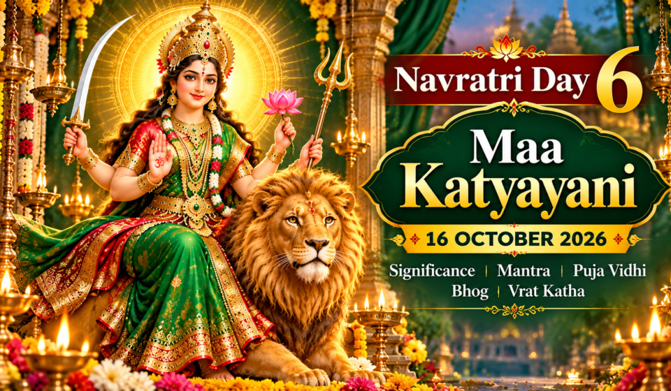 Maa Katyayani riding a lion with divine weapons for Navratri Day 6, 16 October 2026