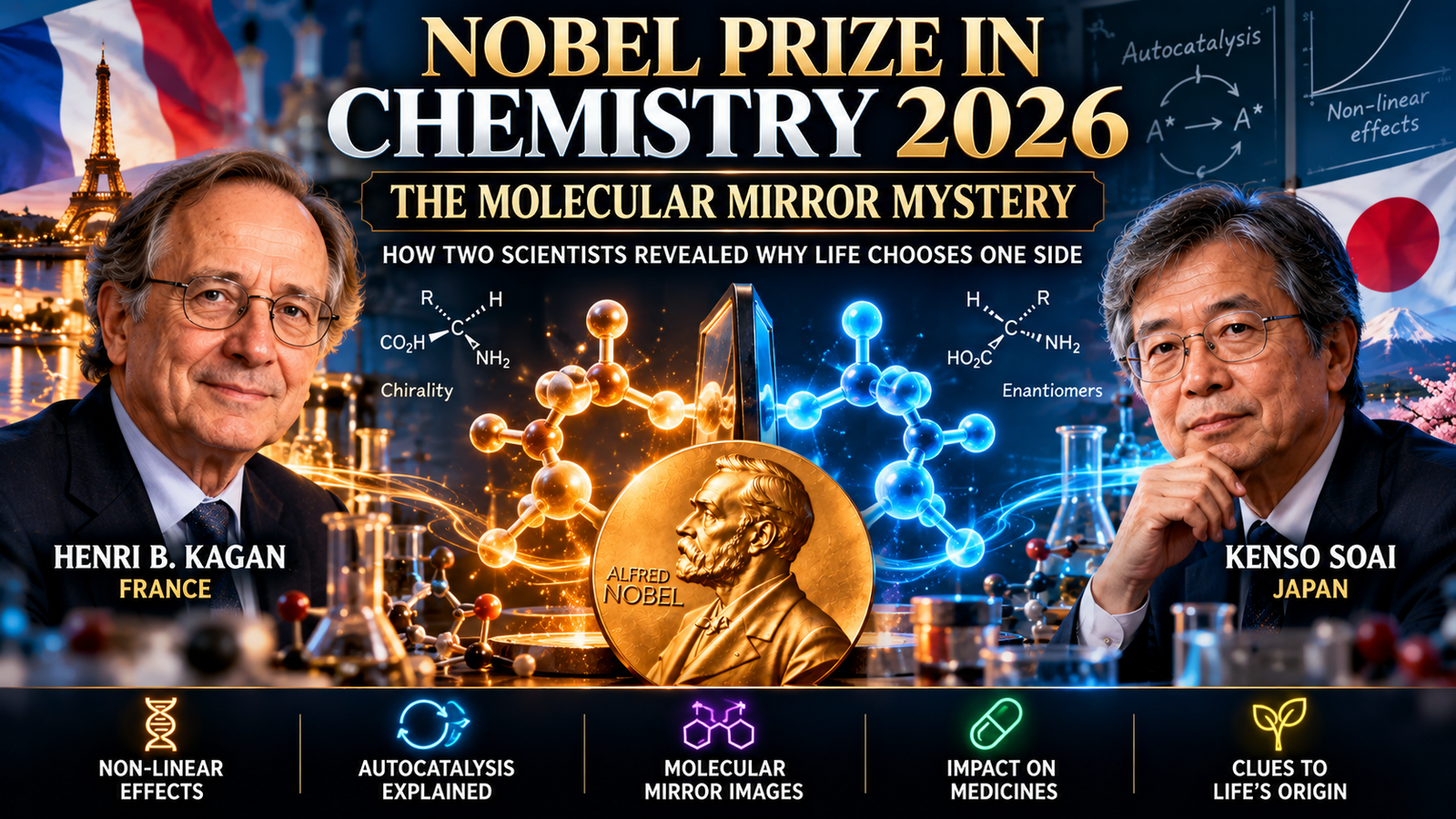 NOBEL PRIZE IN CHEMISTRY 2026 THE MOLECULAR MIRROR MYSTERY Henri Kagan • Kenso Soai • Chirality • Autocatalysis