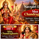 Maa Chandraghanta devotional altar with flowers, diya, prasad and traditional puja offerings.
