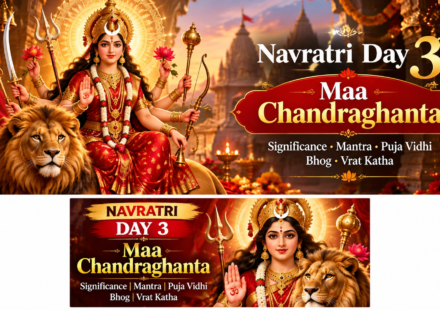 Maa Chandraghanta devotional altar with flowers, diya, prasad and traditional puja offerings.