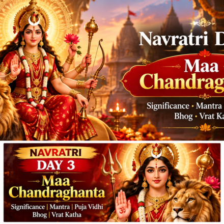 Maa Chandraghanta devotional altar with flowers, diya, prasad and traditional puja offerings.