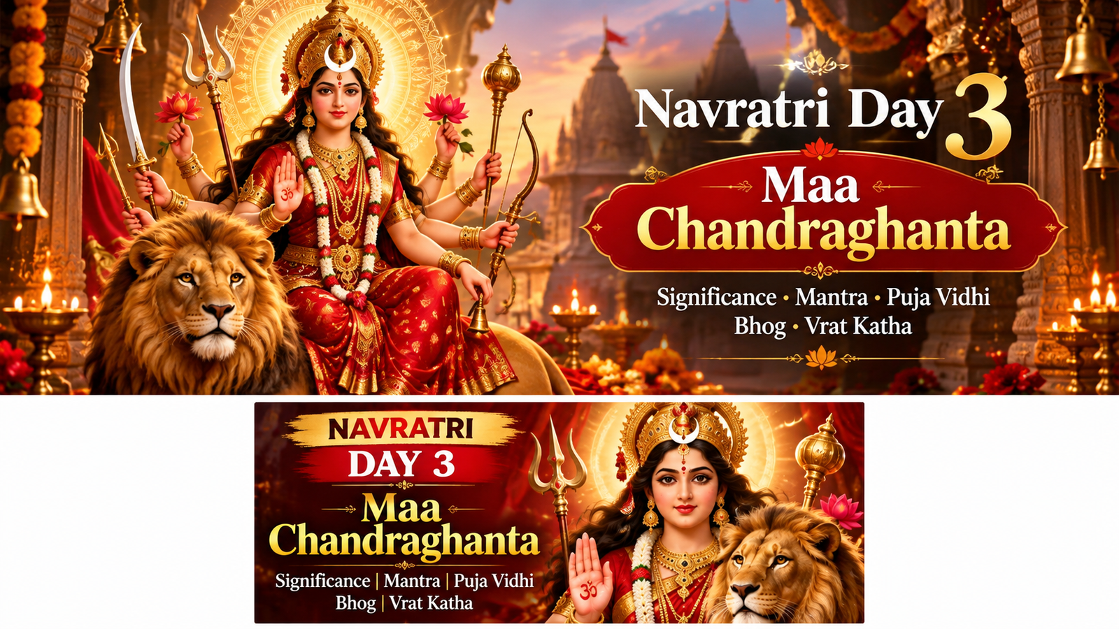 Maa Chandraghanta devotional altar with flowers, diya, prasad and traditional puja offerings.