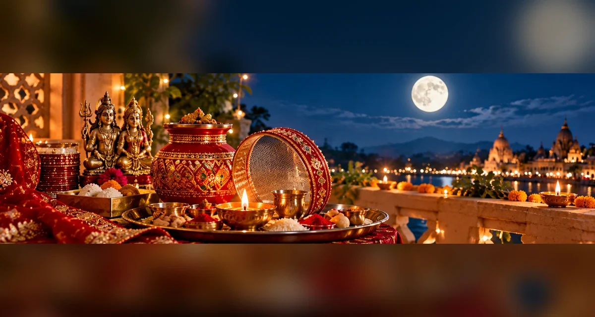 Karwa Chauth 2026 puja thali with decorated karwa, diya, sieve and full moon in a traditional festive setting.