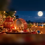 Karwa Chauth 2026 puja thali with decorated karwa, diya, sieve and full moon in a traditional festive setting.