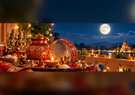 Karwa Chauth 2026 puja thali with decorated karwa, diya, sieve and full moon in a traditional festive setting.