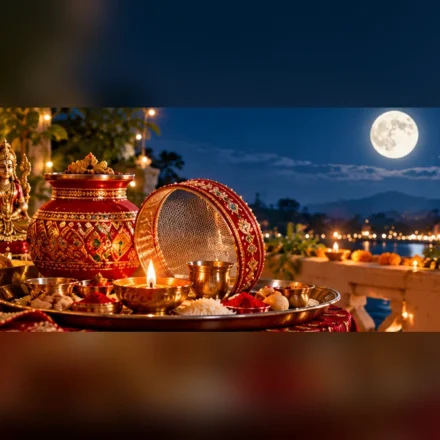 Karwa Chauth 2026 puja thali with decorated karwa, diya, sieve and full moon in a traditional festive setting.