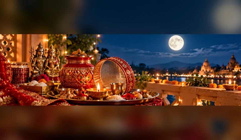 Karwa Chauth 2026 puja thali with decorated karwa, diya, sieve and full moon in a traditional festive setting.